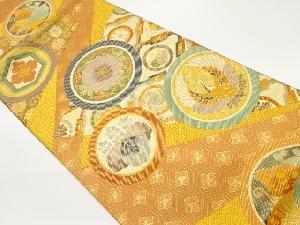 佐賀錦切り嵌め風古典柄に丸・草花・鶴模様織出し袋帯